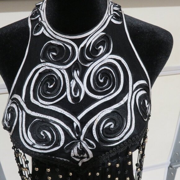 SPADE HALTER TASSLE BRA TOP 36 B CUP BLACK, WHITE, SILVER & MESH INDONESIA MADE - Picture 3 of 13